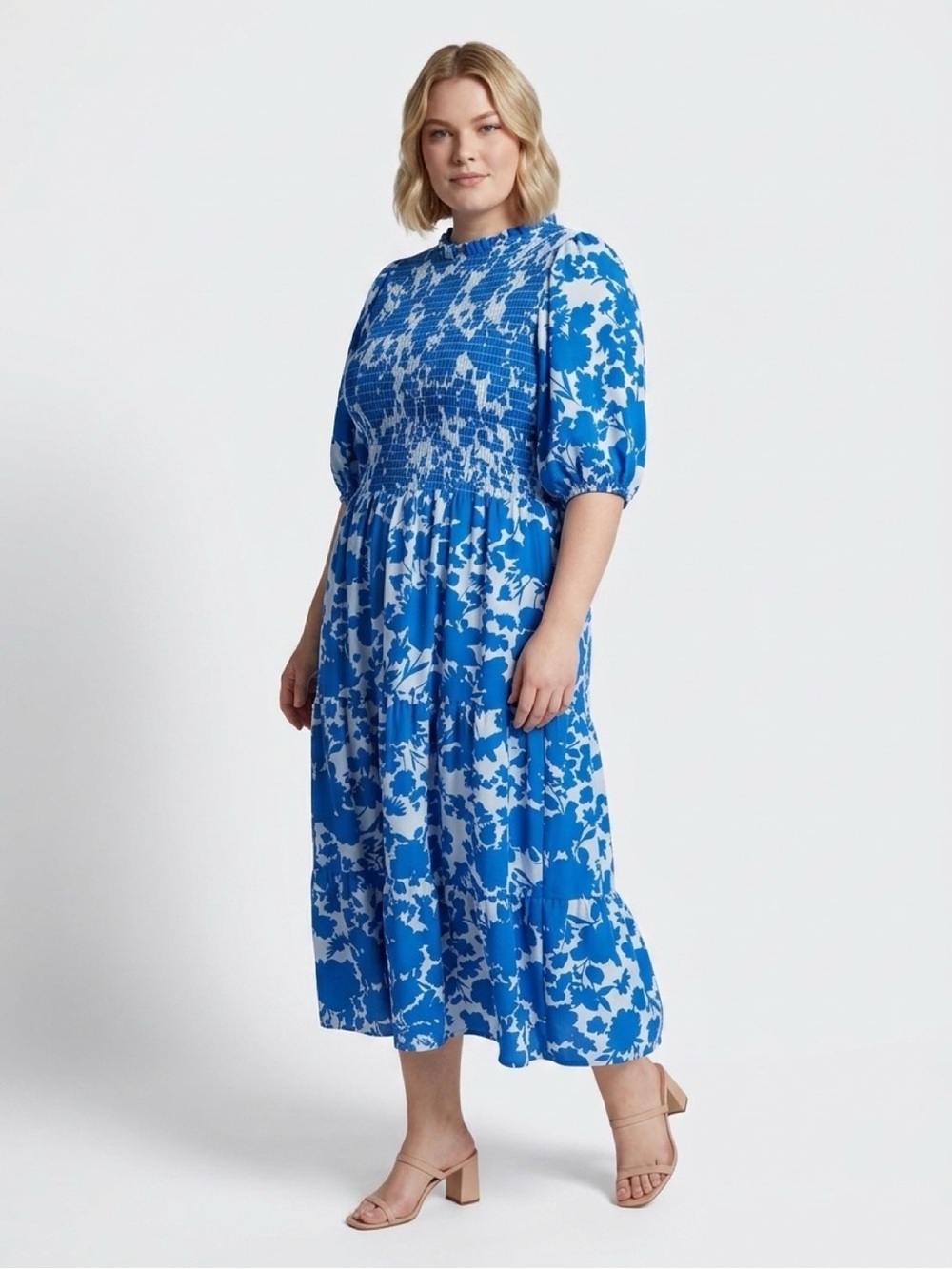 Sugarlips Blue Floral Smocked Midi Dress with Puff Sleeves